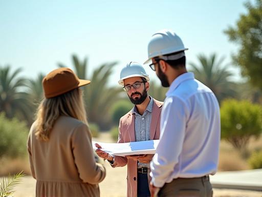 Landscape architect consulting with a client on-site