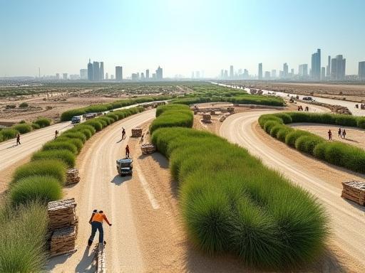 Team installing plants and materials on a large landscape project site