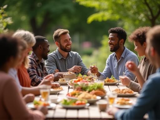Diverse team members enjoying lunch together outdoors