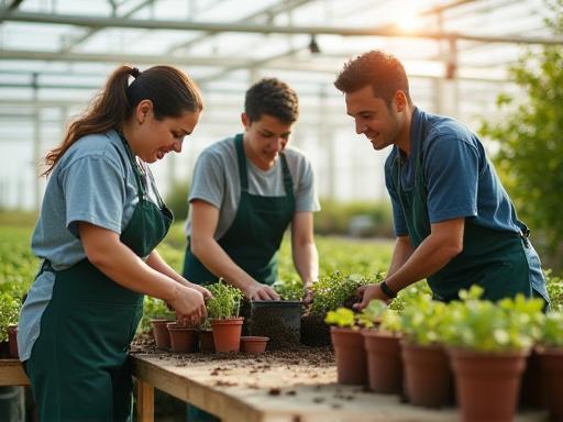 Team members working together potting plants in a nursery
