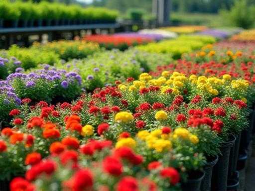 A vibrant display of colorful plants in the nursery area